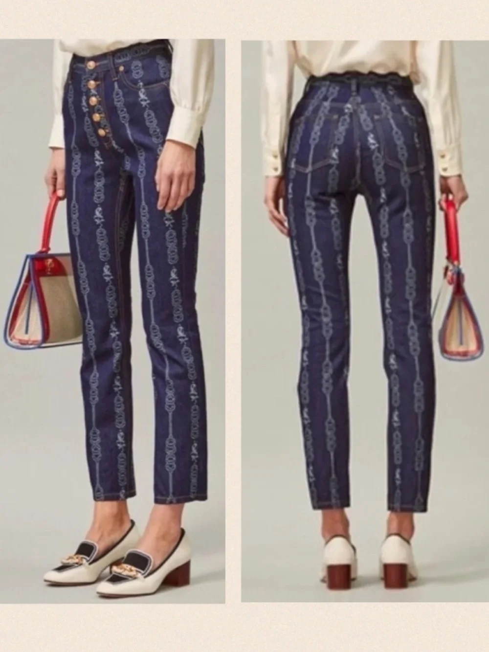 Tory Burch NWT Gemini Link Bloom Jacquard Denim Pant (30)